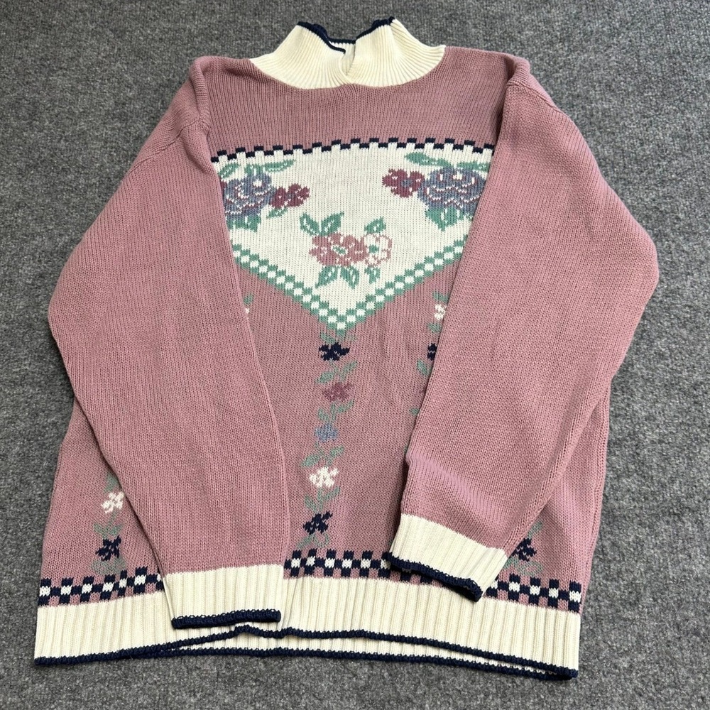 Cricket Lane Sweater Womens Size L Pink Floral Mock Neck Knit Vintage Pullover